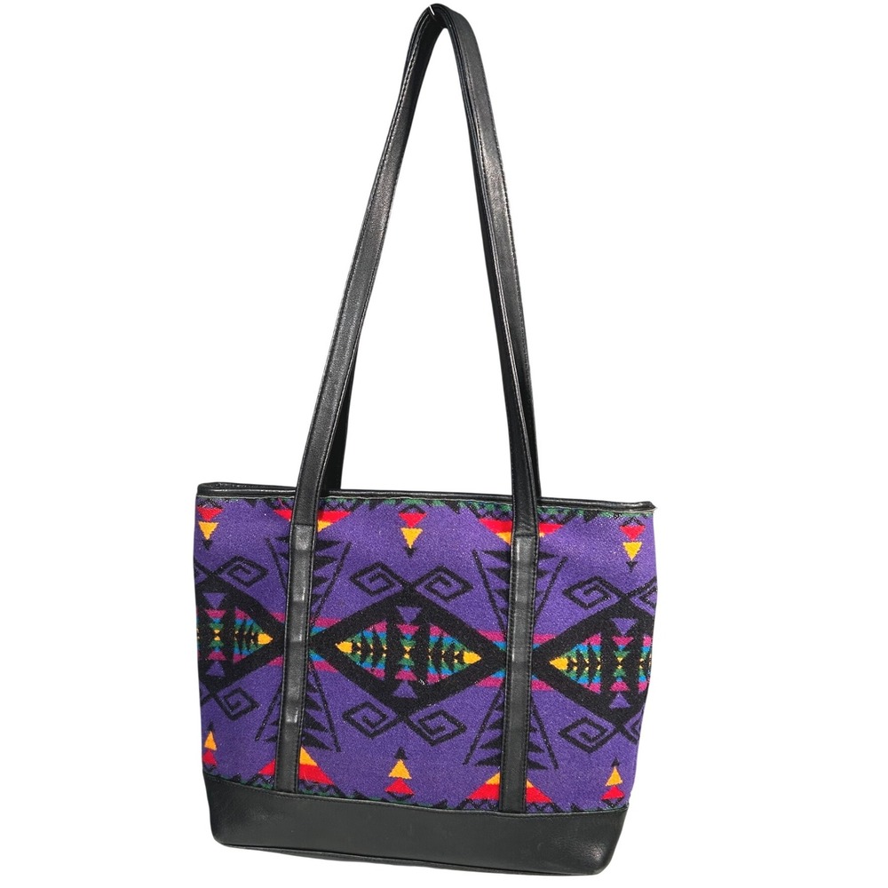 Pendleton Purple Southwestern Geometric Wool Tote Bag Black Faux Leather Trim